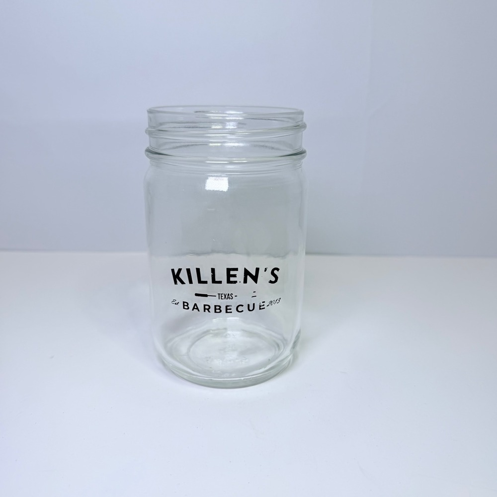 Killen's Barbecue Texas Est 2013 Glass Mason Jar Drinking Glass Clear Black Logo